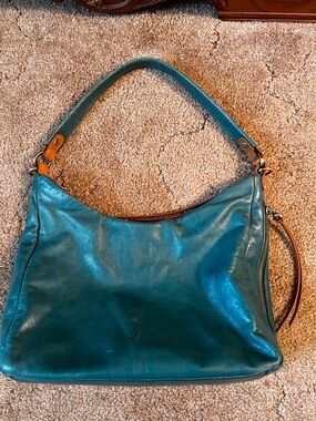 HOBO Teal Leather Shoulder Bag with Tan Accents